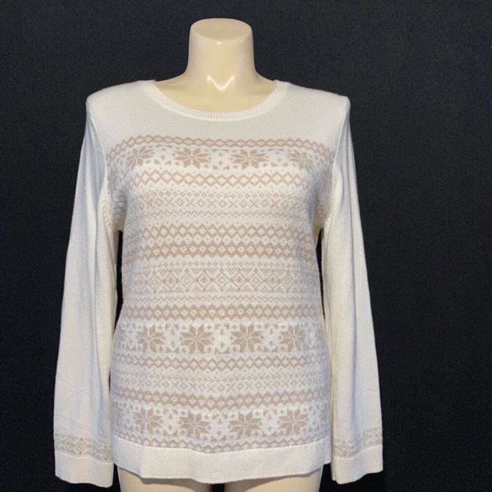TALBOTS Sweater XL White Beige Metallic Flecks Knit Long Sl Pullover Zipper Cute